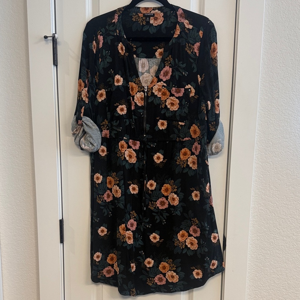 Floral Black Dress with Orange and Green Accents